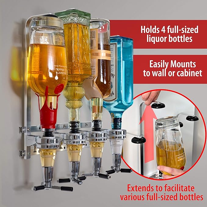 Liquor Dispenser - 4-Bottle Drinks, Alcohol Station - Wall-Mounted Cocktail Tap, Push-Release Valves, Rubber Suction Cups, Home Bar, Man Cave, Bartender Accessories