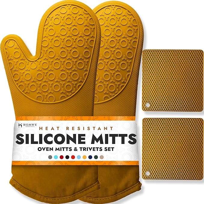 BPA-Free Soft Silicone 4 Piece Oven Mitts & Trivets Set - Ultra Heat Resistant Oven Mitts with Thick Cotton Liner - Long Slip Resistant Pot Holders, Flexible Oven Gloves - Yellow