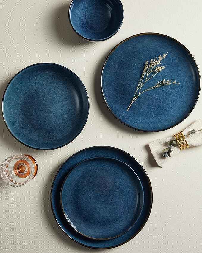 Stoneware Dinnerware Sets Service for 4, 12 pcs Reactive Glaze Plates and Bowls Sets, Handmade Ceramic Dish Set, Highly Chip and Crack Resistant Modern Plate Set, Starry Blue