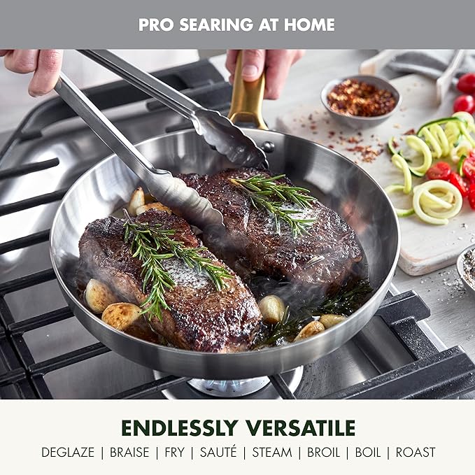 GreenPan Stainless Steel Tri-Ply Reserve 8” Frying Pan Skillet, Multiclad Cookware, Induction, Oven & Broiler Safe to 600°F, Heat Responsive Core, Dishwasher Safe, Gold Handle