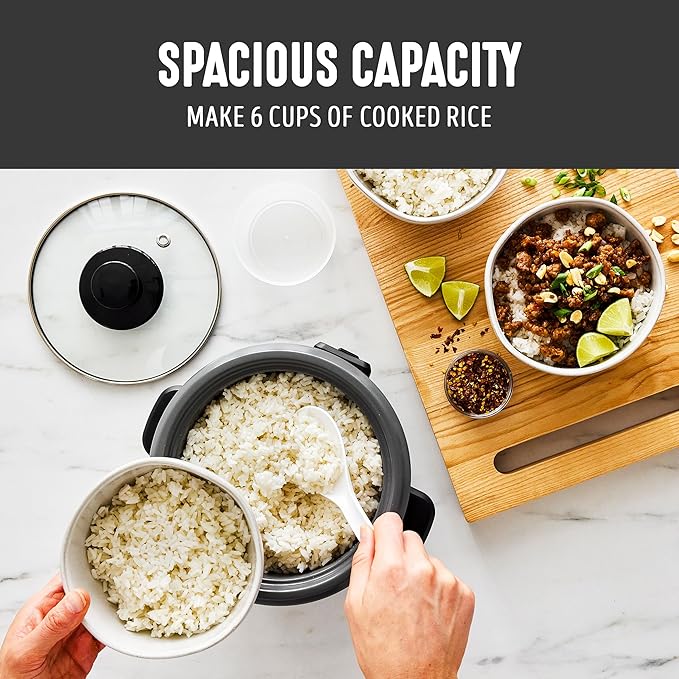 GreenLife Rice Cooker with Removable PFAS-Free Ceramic Nonstick Pot, 3-Cups Uncooked/6-Cups Cooked, Grains & Oatmeal Multicooker, Compact One-Switch Design, Auto Keep Warm, Easy Clean, Black