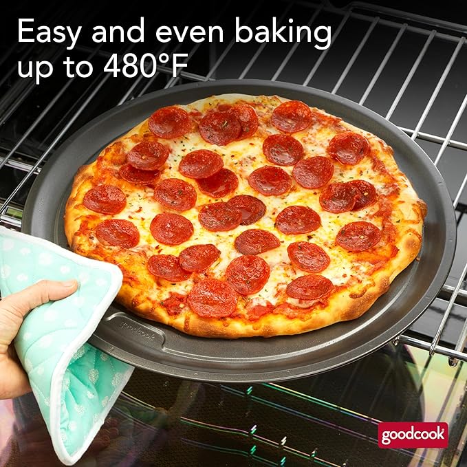 GoodCook PRO Pizza Pan Nonstick Warp & Scratch-Resistant Dishwasher-Safe Carbon Steel Construction for Even Baking Oven Safe to 480°F, 16-Inch, Gray