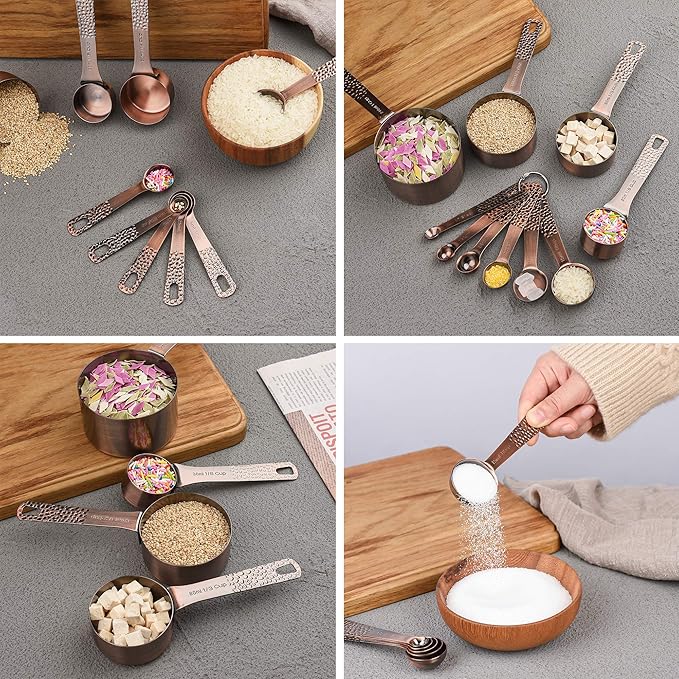 Copper Plated Measuring Cups and Spoons set, Stainless Steel Measuring Cups and Spoons Set for Baking & Kitchen, Cute Metal Metric & US Measure Cup and Spoon with Leveler & 1/8 Cup