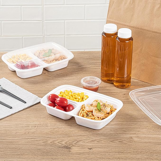 Asporto 26 Ounce Compartment Take Out Boxes, 50 Microwavable Meal Prep Containers - 3 Compartments, With Clear Plastic Lids, White Plastic Food Containers, Do Not Contain BPA - Restaurantware