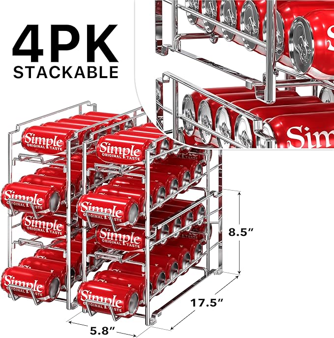 Simple Houseware Soda Can Organizer Stackable Rack Dispenser for Pantry/Refrigerator, Chrome, 4 Pack