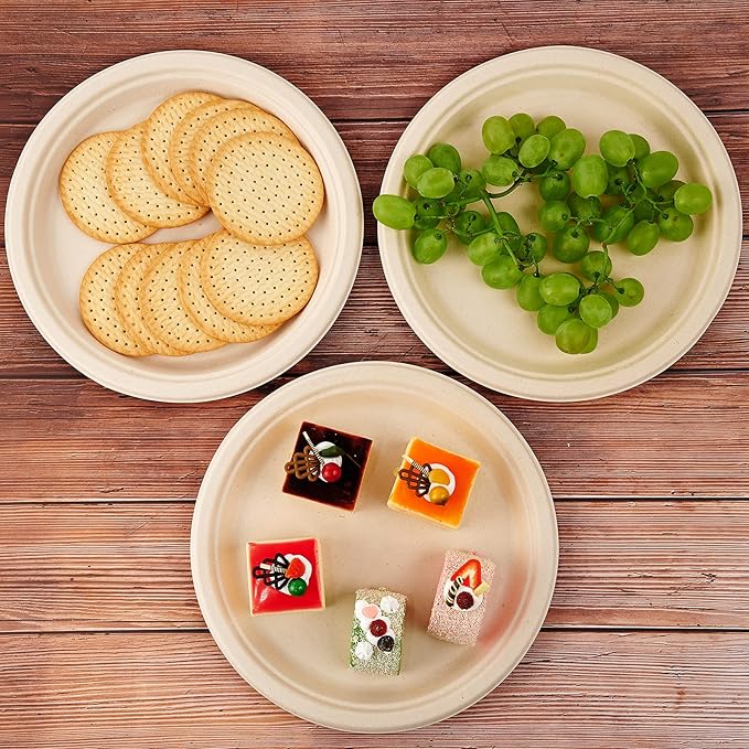 Vplus 500 Pack Compostable Disposable Paper Plates 10.25 inch Super Strong Paper Plates 100% Bagasse Natural Biodegradable Eco-Friendly Sugarcane (nature)