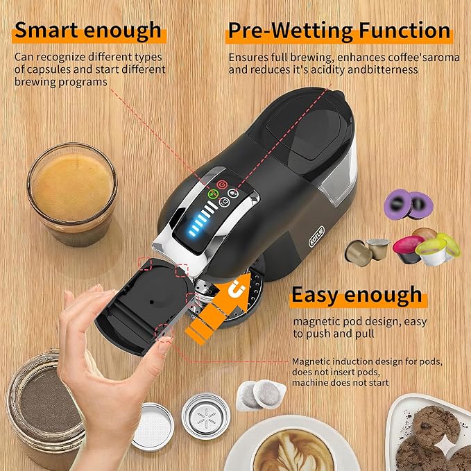 KOTLIE EM-308B Espresso Machine, Single Serve Coffee Maker Compatible with Multiple Capsule Types, Ground Coffee, and ESE Pods, 3 Temperatures, 7 Water Volume Levels, 34 Oz (Black)