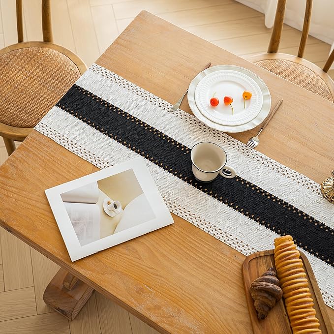 FEXIA Boho Table Runner for Home Decor with Tassels 108 Inches Long,Black Farmhouse Rustic Table Runner Macrame Burlap Table Decoration for Living Room Bridal Shower(12x108 Inches)