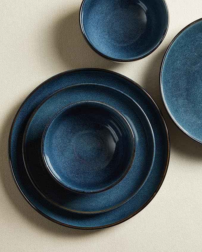 16 Piece Double Bowl Dinnerware Sets with Pasta Bowls, Highly Chip and Crack Resistant Plates and Bowls Sets, Natural Earthyware Ceramic Dishware Sets, Service for 4 Starry Blue
