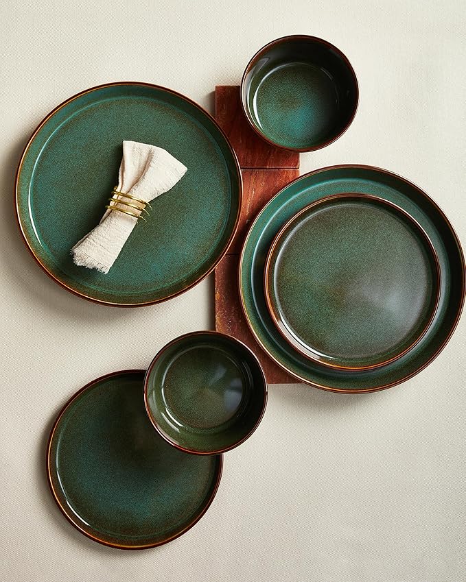 Pokini Plates and Bowls Sets for 8, Ceramic Dinnerware Sets, Kitchen Dish Set, Microwave & Dishwasher Safe Dishware, Highly Durable Handcrafted Dinner Set, Brown Green