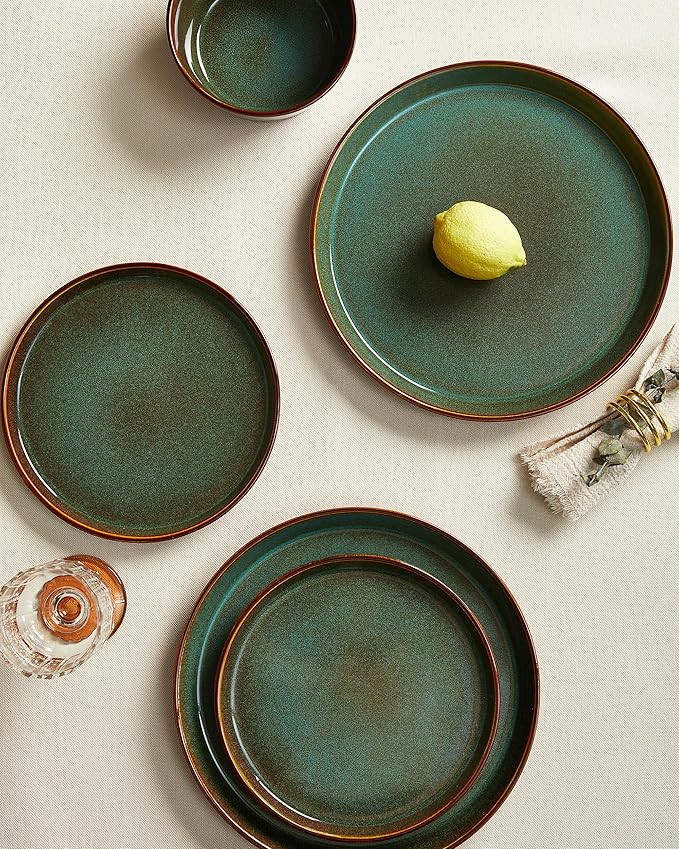 Pokini Plates and Bowls Sets for 8, Ceramic Dinnerware Sets, Kitchen Dish Set, Microwave & Dishwasher Safe Dishware, Highly Durable Handcrafted Dinner Set, Brown Green