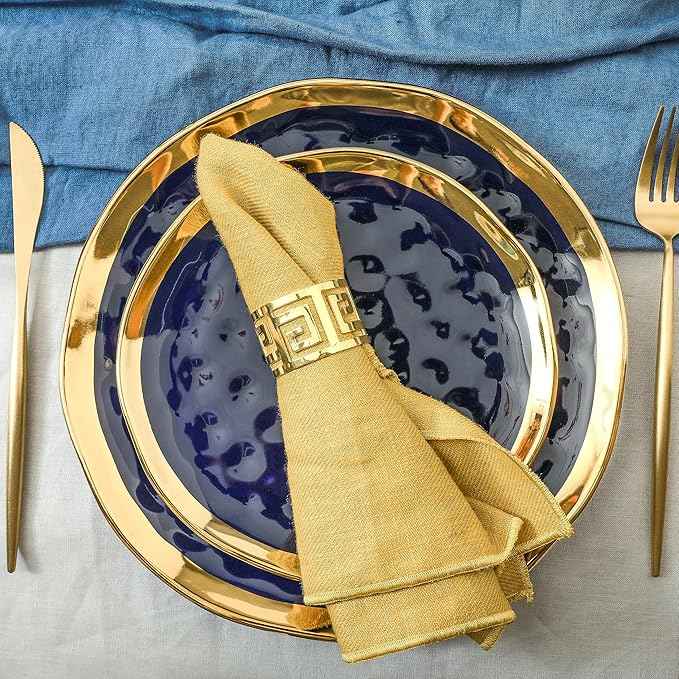 Stone Lain Porcelain 16 Piece Dinnerware Set, Service for 4, Blue and Golden Rim, Dark Blue
