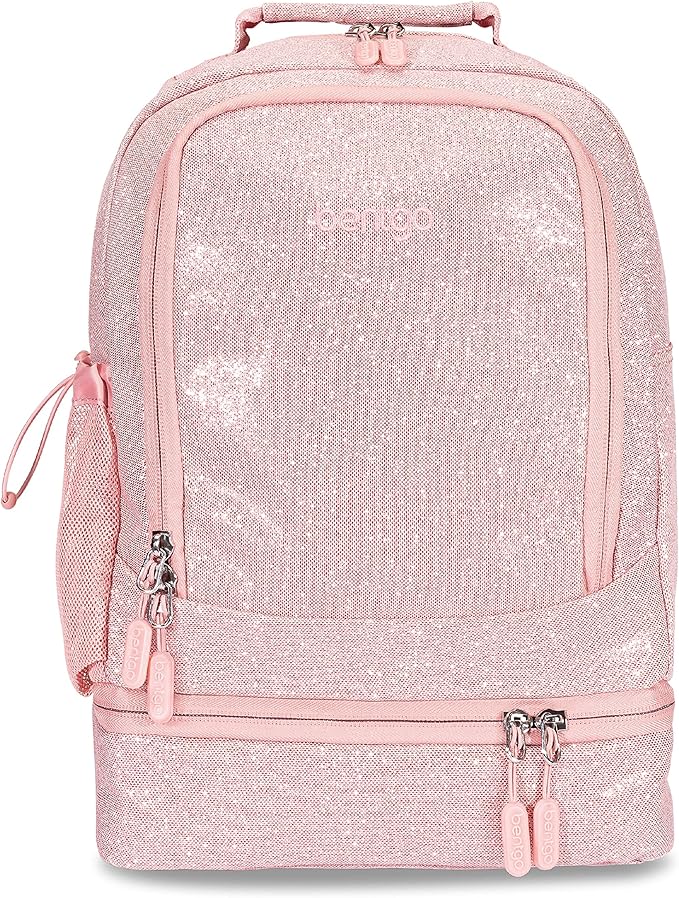Bentgo Kids 2-in-1 Backpack & Insulated Lunch Bag - Glitter Designed 16” Backpack for School & Travel - Durable, Water Resistant, Padded, & Large Compartments (Glitter Edition - Petal Pink)