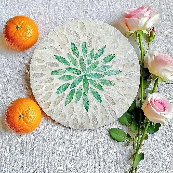 12 Inch Mother of Pearl Shell Placemat Plate – Large Round Decorative Heat for Table or Kitchen, Cabinet, Tabletop (Green Leaves, 12 Inch)