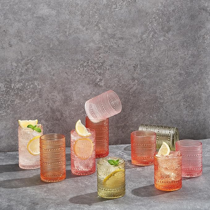 Hobnail Beaded Highball Drinking Tumbler Glasses | Set of 5 | Color, Vintage Bubble Design Whiskey Glassware, Old-Fashioned, Embossed Design, Water, Wine, Cocktail Embossed Heavy Glass, Rocks Glass