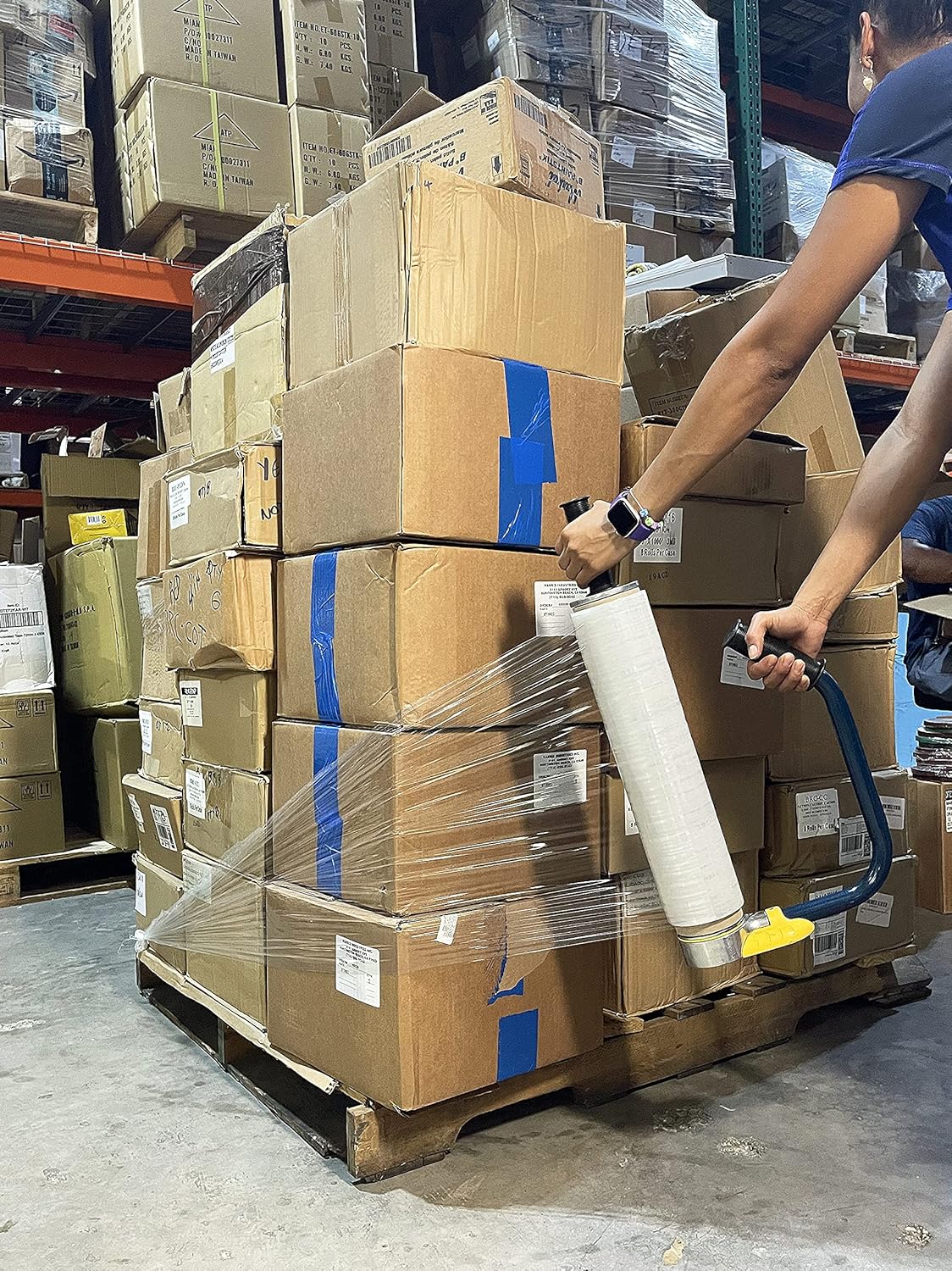 WOD Industrial Strength Stretch Film Dispenser with Adjustable Handle - Fits 12", 15", and 18" Widths, Compatible with 1.5", 2", and 3" Cores, Heavy Duty Aluminum Base for Pallet Wrapping (6 Pack)